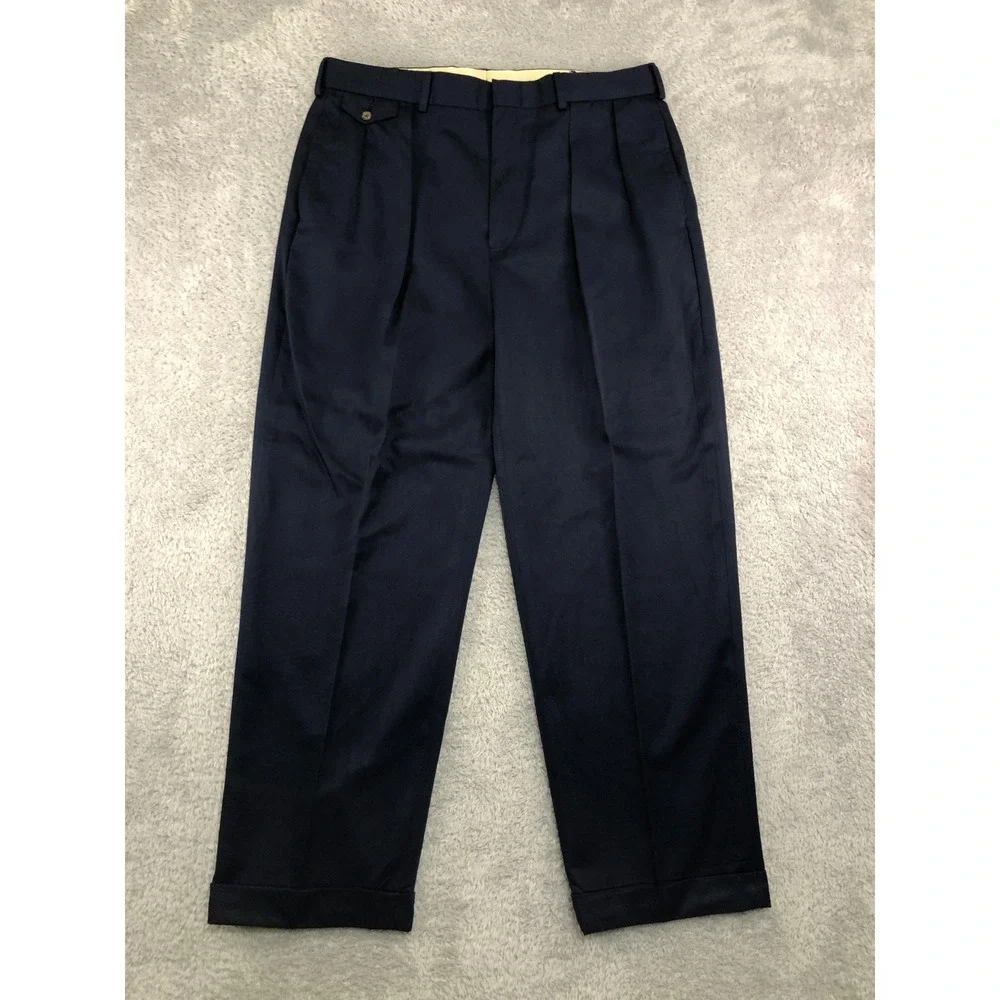 VTG Polo Golf Pants Men 36x30 Navy Blue Pleated Cuffed Chino Trousers